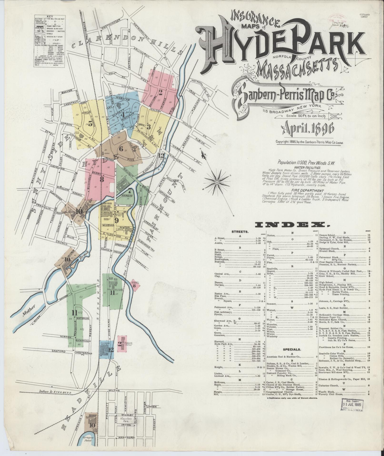 Sanborn Fire Insurance Map from Hyde Park, Norfolk County, Massachusetts. (1896) – Historic Sanborn Fire Insurance Map Print