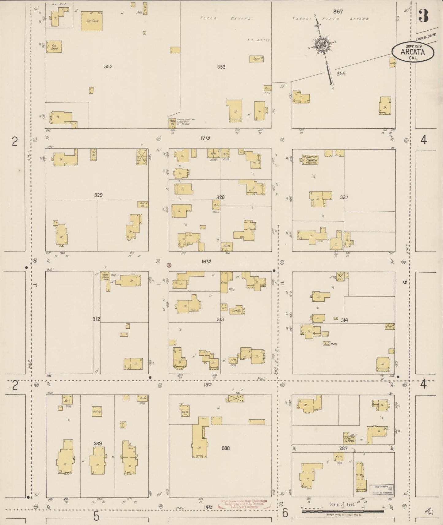 Sanborn Fire Insurance Map from Arcata, Humboldt County, California (1919), Sheet #0003 - Historic Sanborn Fire Insurance Map Print, vintage old map wall art, antique decor, genealogy gift, California California map