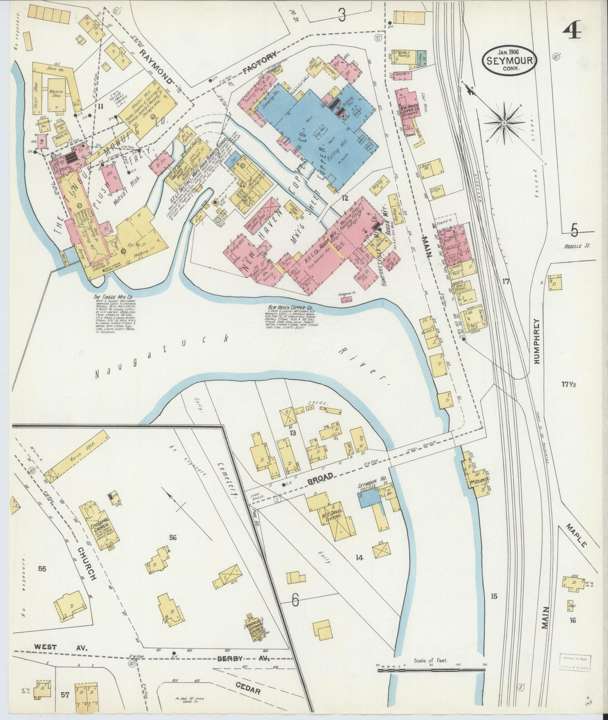 Sanborn Fire Insurance Map from Seymour, New Haven County, Connecticut (1906), Sheet #0004 - Historic Sanborn Fire Insurance Map Print, vintage old map wall art, antique decor, genealogy gift, Connecticut Connecticut map