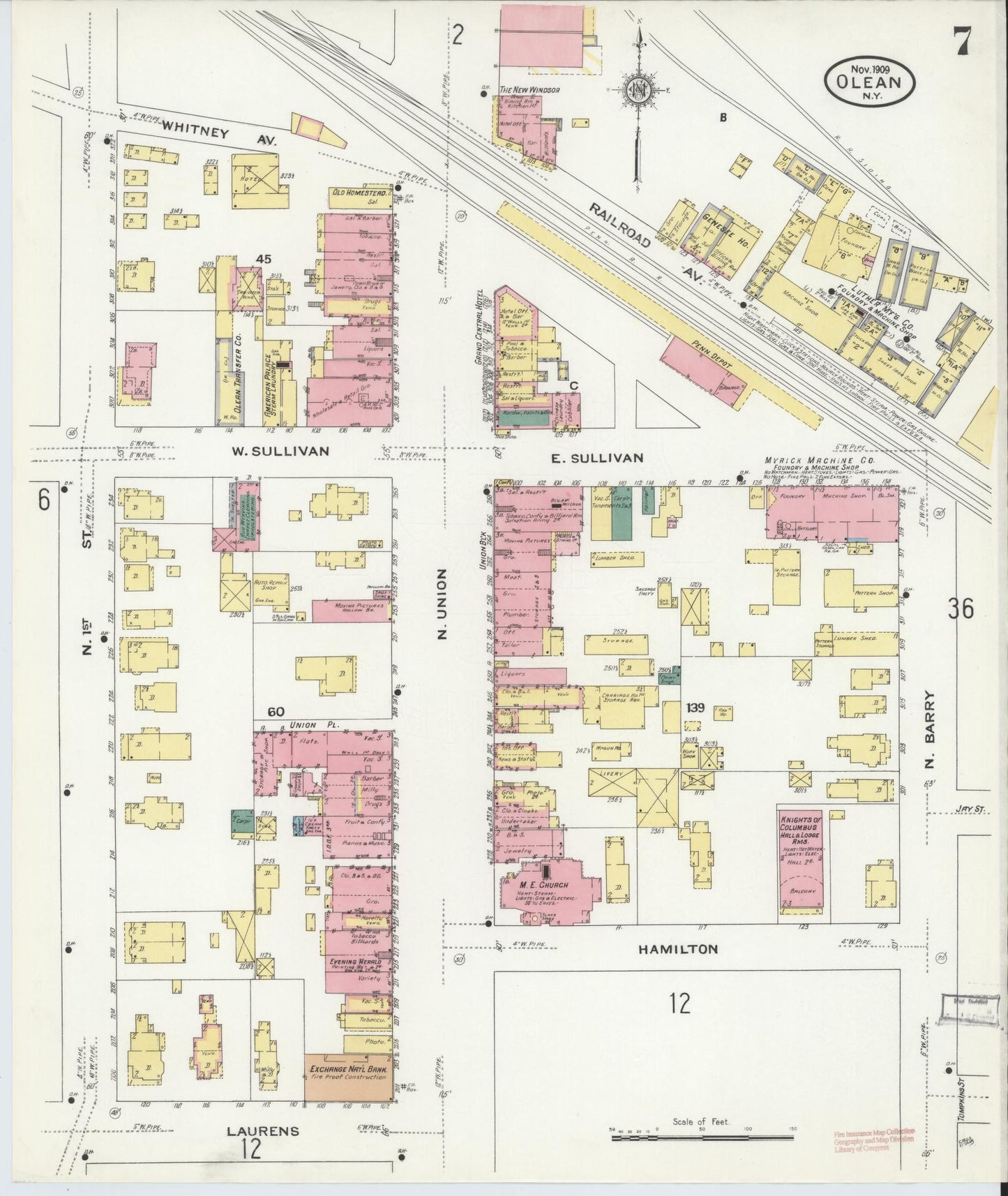 Sanborn Fire Insurance Map from Olean, Cattaraugus County, New York (1909), Sheet #0007 - Complete Map Set gallery image, historic Sanborn map, vintage wall art, New York New York
