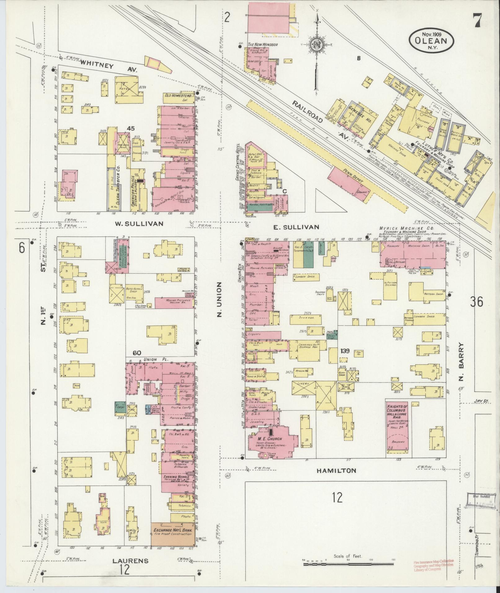 Sanborn Fire Insurance Map from Olean, Cattaraugus County, New York (1909), Sheet #0007 - Complete Map Set gallery image, historic Sanborn map, vintage wall art, New York New York