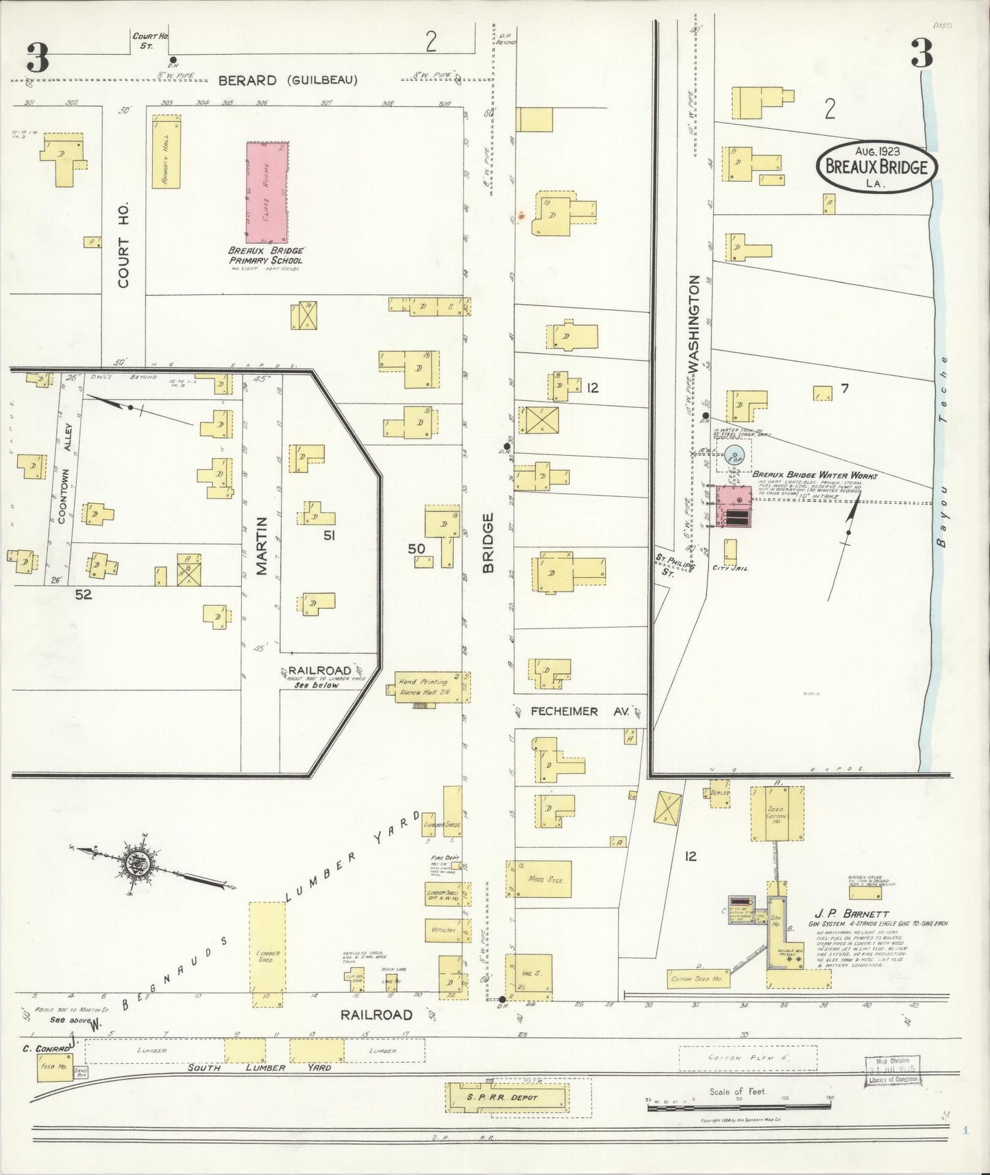 Sanborn Fire Insurance Map from Breaux Bridge, Saint Martin Parish, Louisiana (1923), Sheet #0003 - Historic Sanborn Fire Insurance Map Print, vintage old map wall art, antique decor, genealogy gift, Louisiana Louisiana map