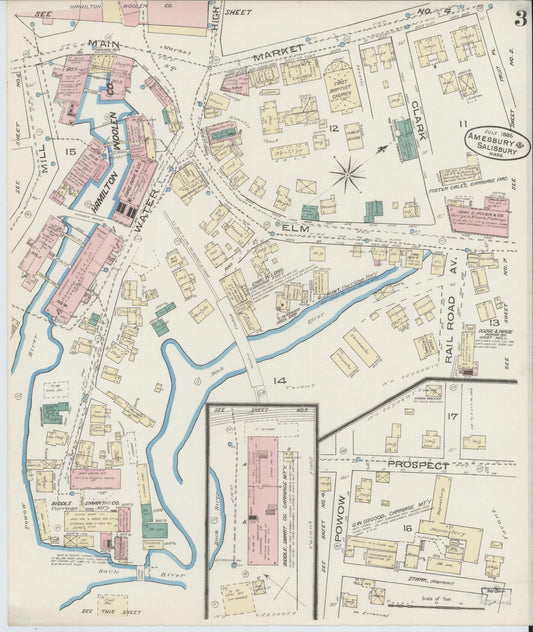 Sanborn Fire Insurance Map from Amesbury, Essex County, Massachusetts (1885), Sheet #0003 - Historic Sanborn Fire Insurance Map Print, vintage old map wall art, antique decor, genealogy gift, Massachusetts Massachusetts map