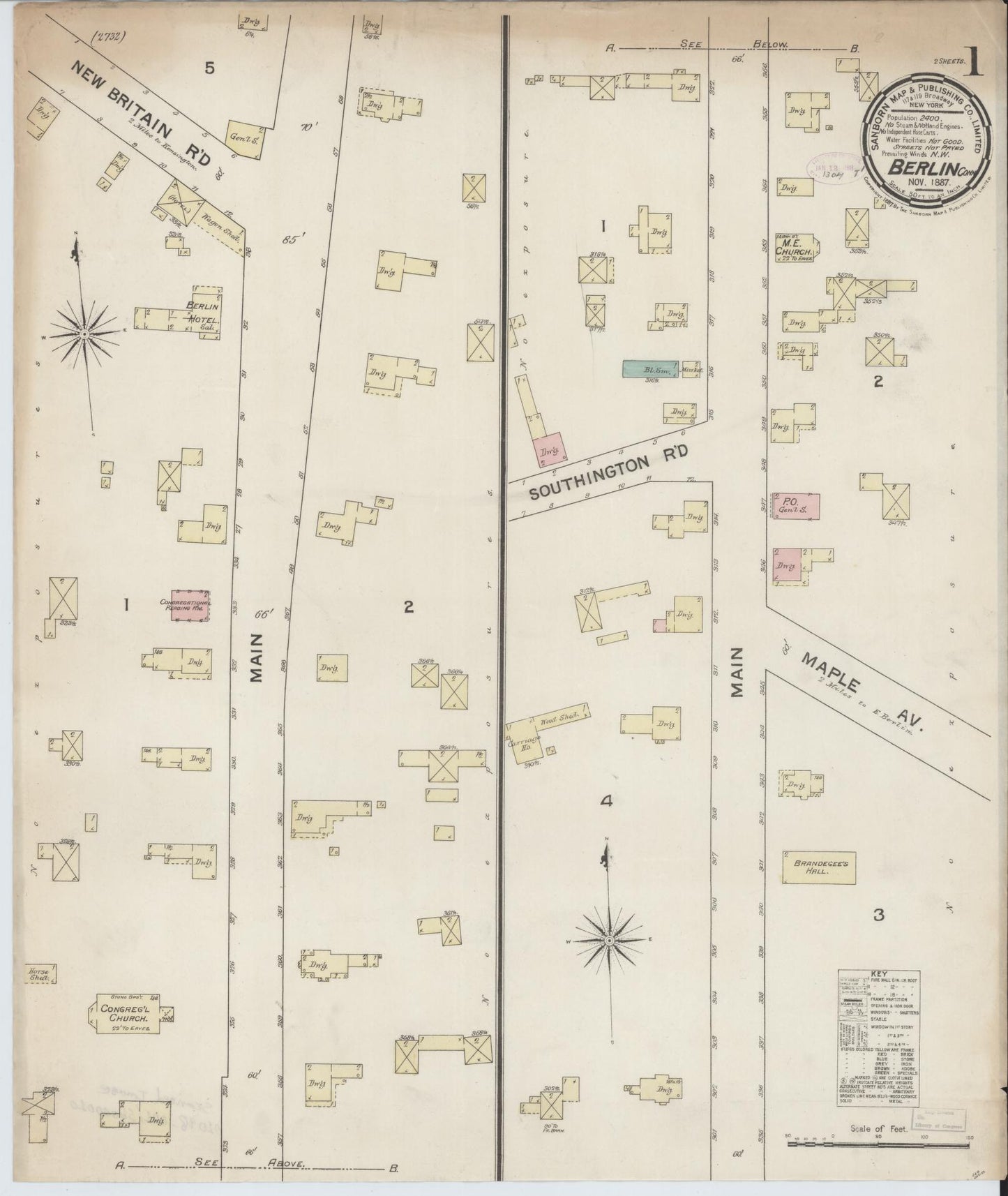 Sanborn Fire Insurance Map from Berlin, Hartford County, Connecticut (1887), Sheet #0001 - Complete Map Set gallery image, historic Sanborn map, vintage wall art, Connecticut Connecticut