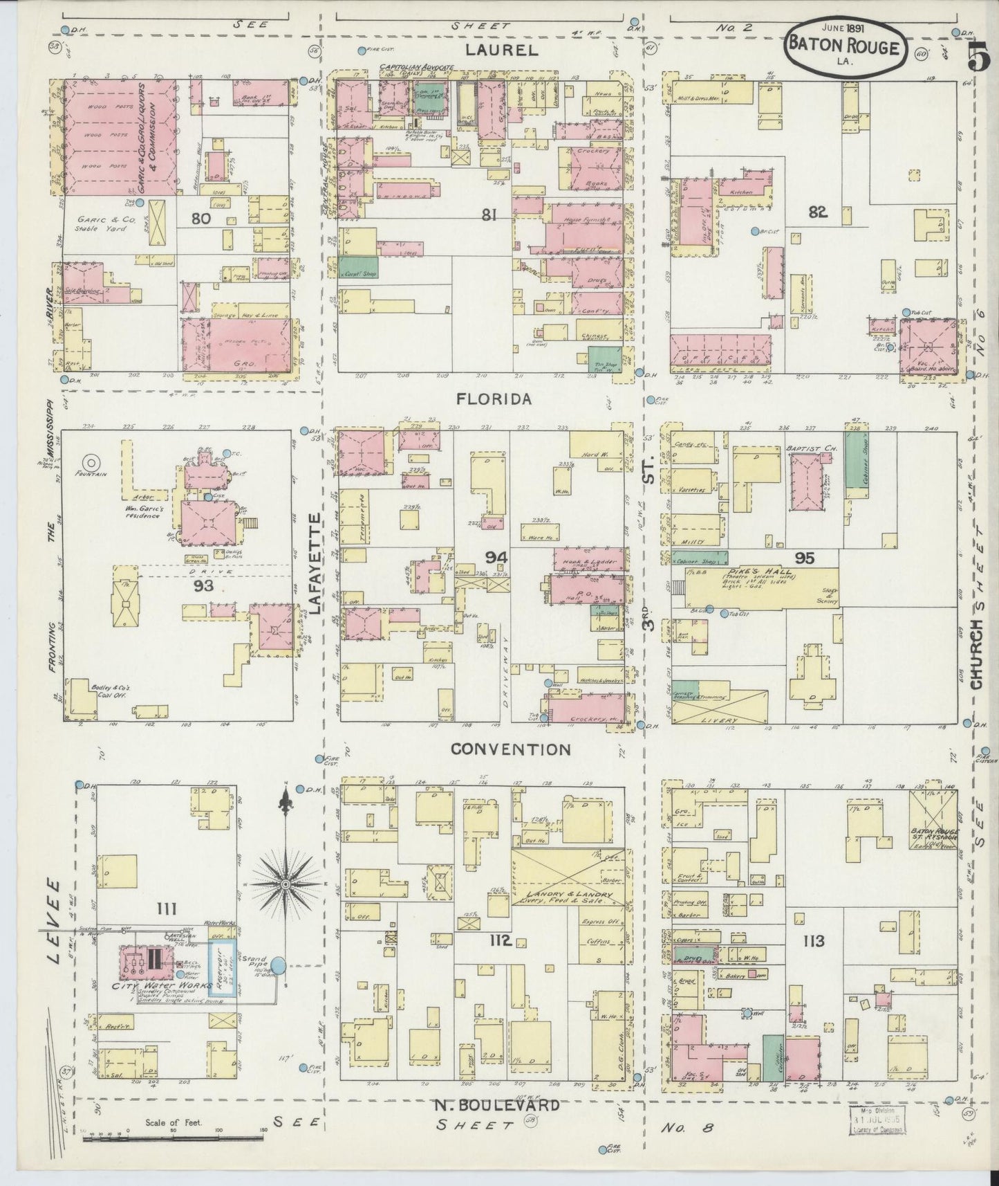 Sanborn Fire Insurance Map from Baton Rouge, East Baton Rouge Parish, Louisiana (1891), Sheet #0005 - Historic Sanborn Fire Insurance Map Print, vintage old map wall art, antique decor, genealogy gift, Louisiana Louisiana map