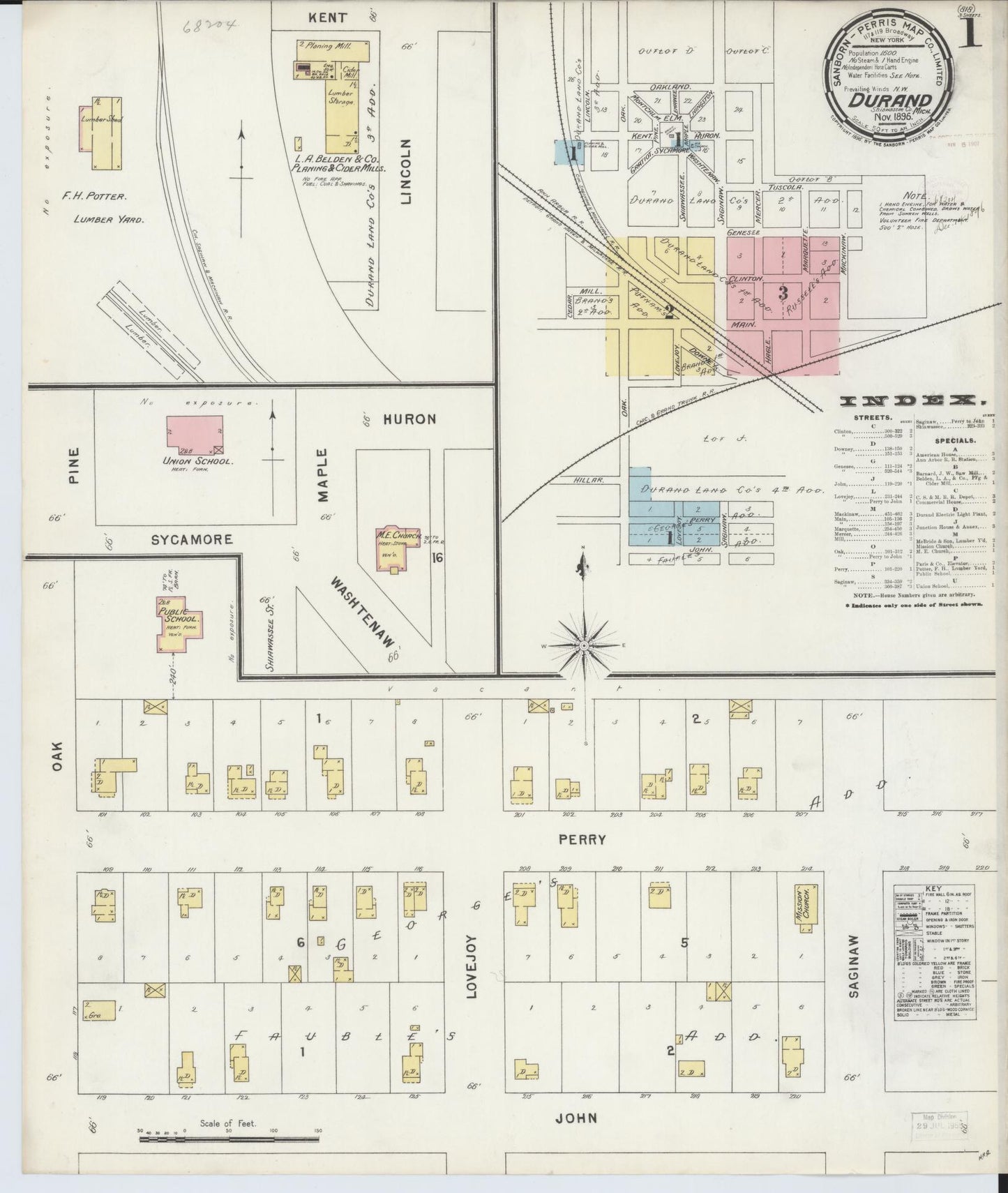 Sanborn Fire Insurance Map from Durand, Shiawassee County, Michigan (1896), Sheet #0001 - Historic Sanborn Fire Insurance Map Print, vintage old map wall art, antique decor, genealogy gift, Michigan Michigan map