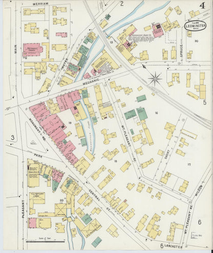 Sanborn Fire Insurance Map from Leominster, Worcester County, Massachusetts (1896), Sheet #0004 - Historic Sanborn Fire Insurance Map Print, vintage old map wall art, antique decor, genealogy gift, Massachusetts Massachusetts map