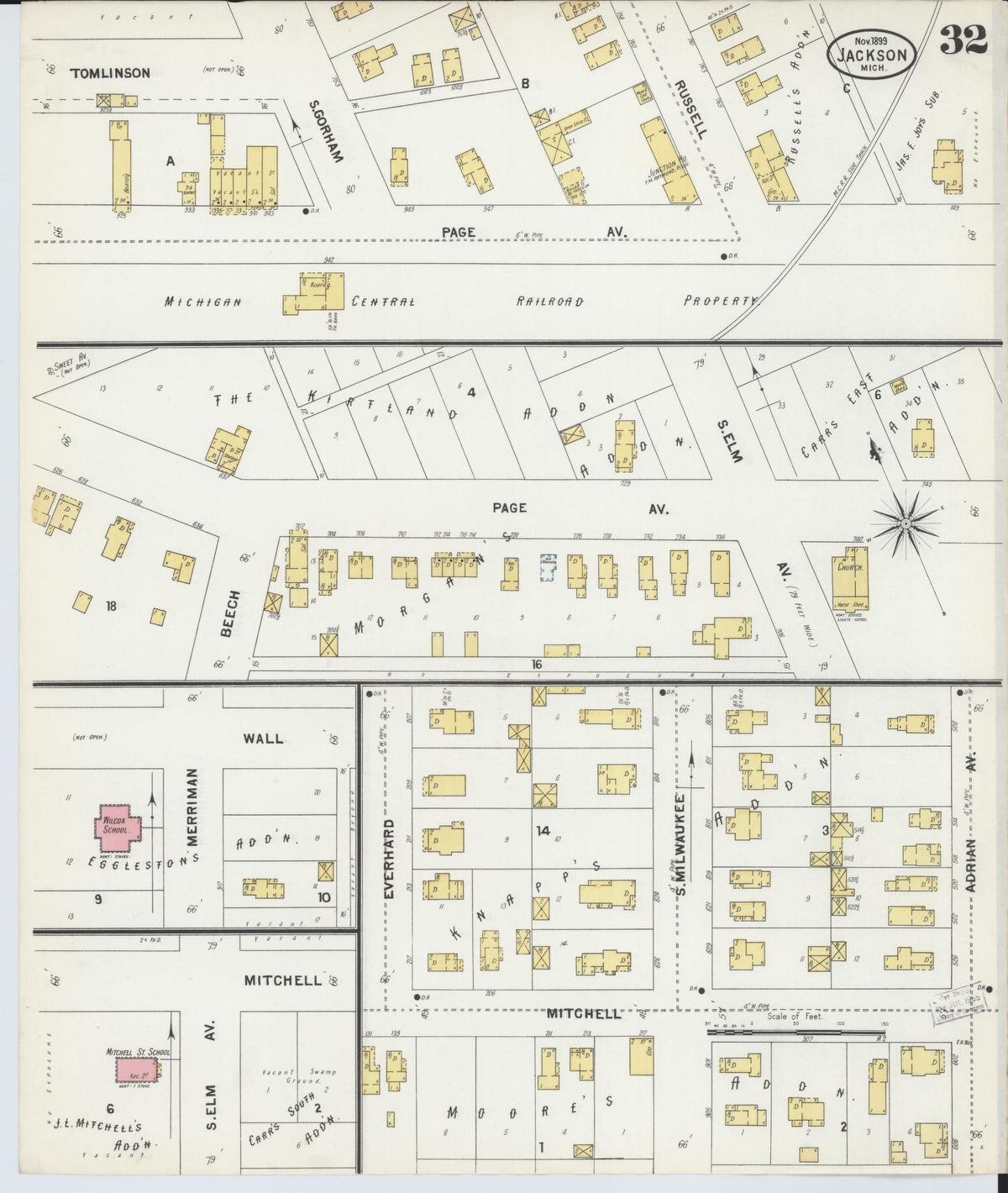 Sanborn Fire Insurance Map from Jackson, Jackson County, Michigan (1899), Sheet #0032 - Historic Sanborn Fire Insurance Map Print, vintage old map wall art, antique decor, genealogy gift, Michigan Michigan map