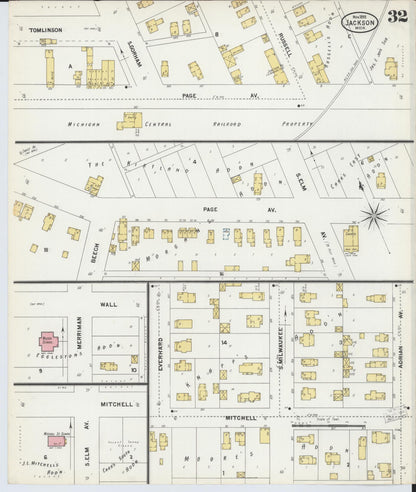Sanborn Fire Insurance Map from Jackson, Jackson County, Michigan (1899), Sheet #0032 - Historic Sanborn Fire Insurance Map Print, vintage old map wall art, antique decor, genealogy gift, Michigan Michigan map