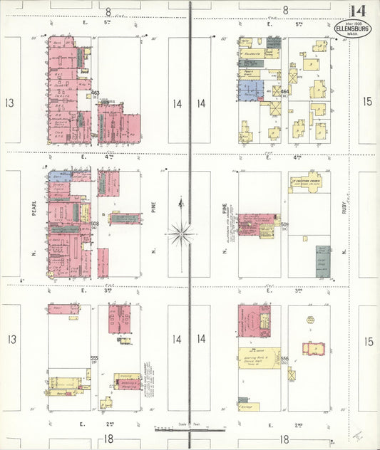 Sanborn Fire Insurance Map from Ellensburg, Kittitas County, Washington (1909), Sheet #0014 - Historic Sanborn Fire Insurance Map Print, vintage old map wall art, antique decor, genealogy gift, Washington Washington map