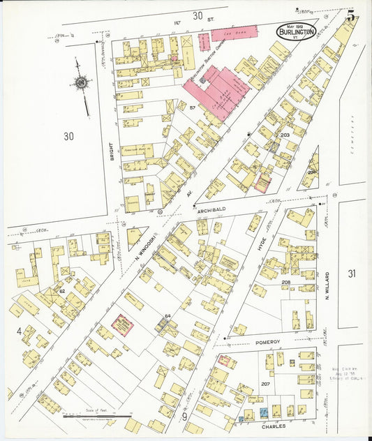 Sanborn Fire Insurance Map from Burlington, Chittenden County, Vermont (1919), Sheet #0005 - Historic Sanborn Fire Insurance Map Print, vintage old map wall art, antique decor, genealogy gift, Vermont Vermont map