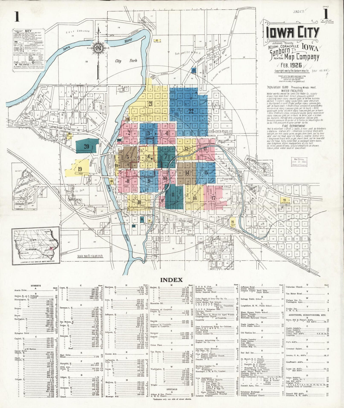 Sanborn Fire Insurance Map from Iowa City, Johnson County, Iowa (1926), Sheet #0001 - Historic Sanborn Fire Insurance Map Print