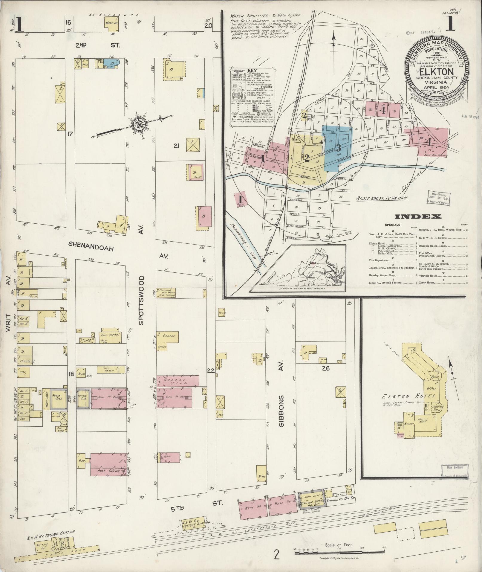 Sanborn Fire Insurance Map from Elkton, Rockingham County, Virginia (1924), Sheet #0001 - Complete Map Set gallery image, historic Sanborn map, vintage wall art, Virginia Virginia