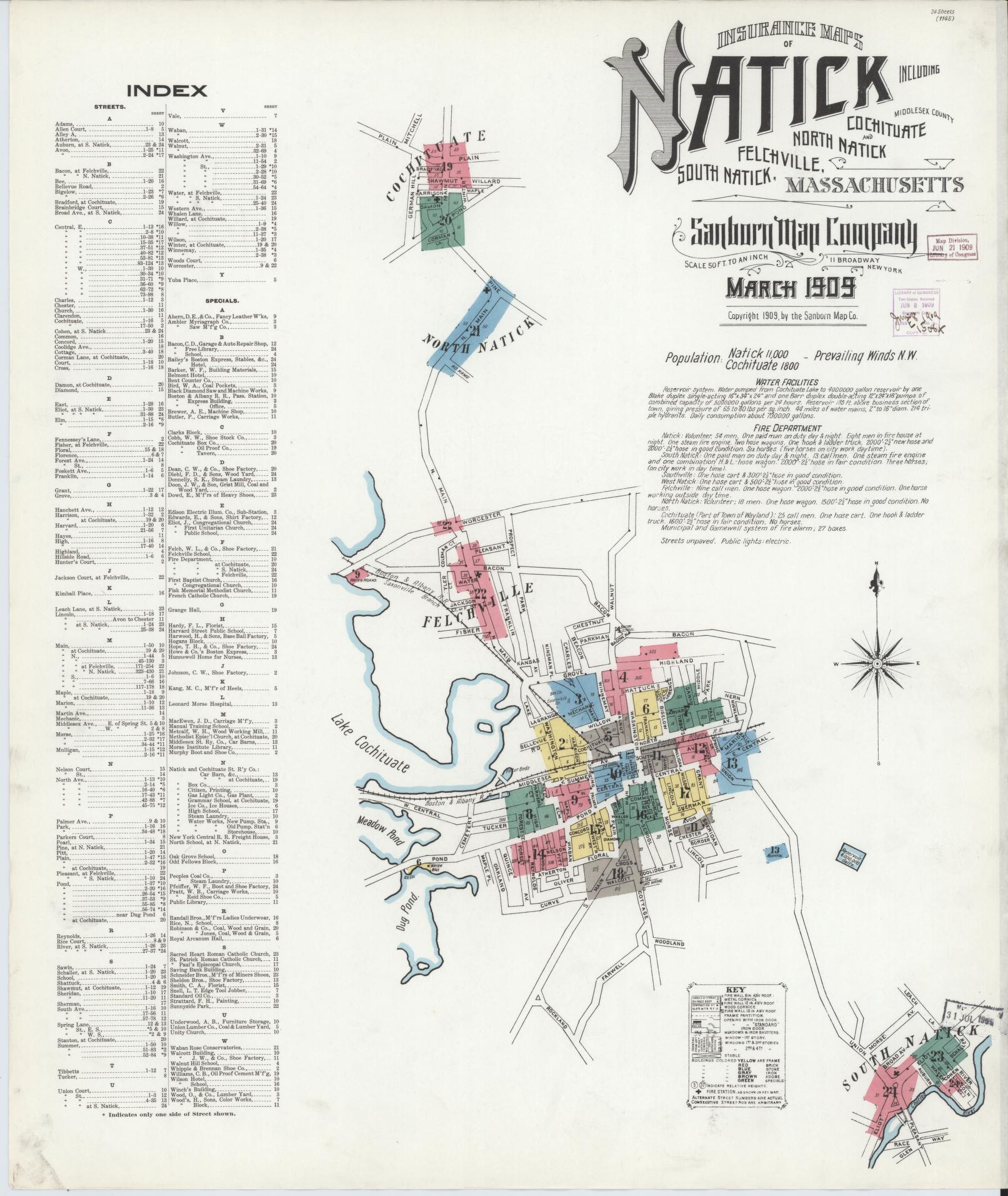 Sanborn Fire Insurance Map from Natick, Middlesex County, Massachusetts (1909), Sheet #0001 - Complete Map Set gallery image, historic Sanborn map, vintage wall art, Massachusetts Massachusetts
