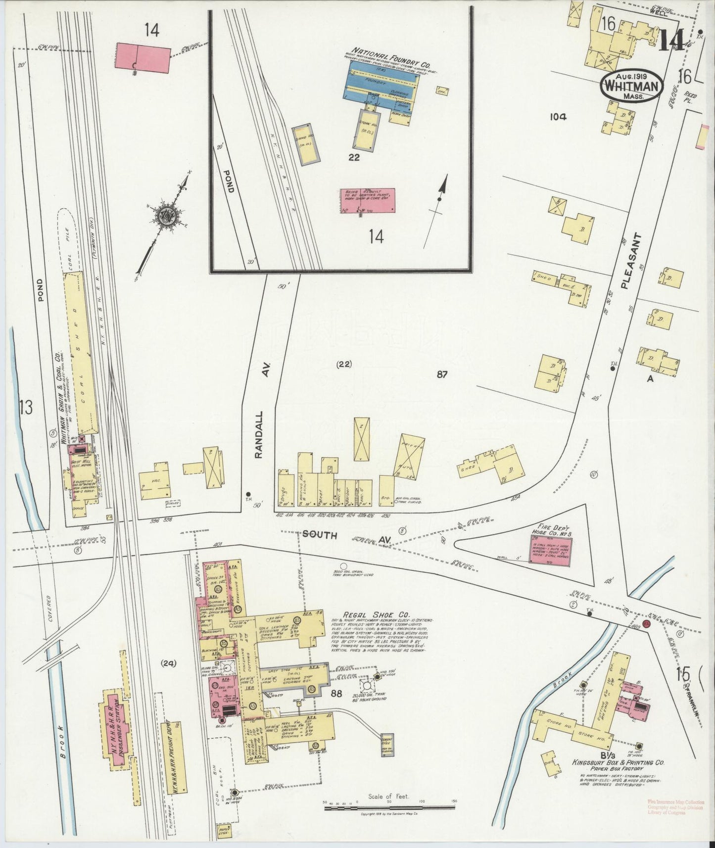 Sanborn Fire Insurance Map from Whitman, Plymouth County, Massachusetts (1919), Sheet #0014 - Complete Map Set gallery image, historic Sanborn map, vintage wall art, Massachusetts Massachusetts