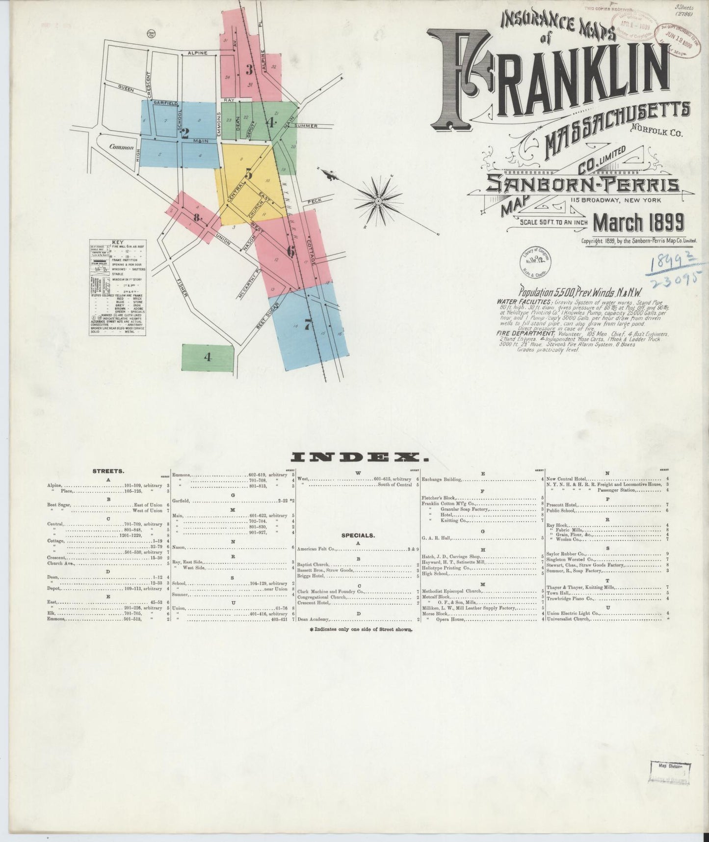 Sanborn Fire Insurance Map from Franklin, Norfolk County, Massachusetts (1899), Sheet #0001 - Historic Sanborn Fire Insurance Map Print, vintage old map wall art, antique decor, genealogy gift, Massachusetts Massachusetts map