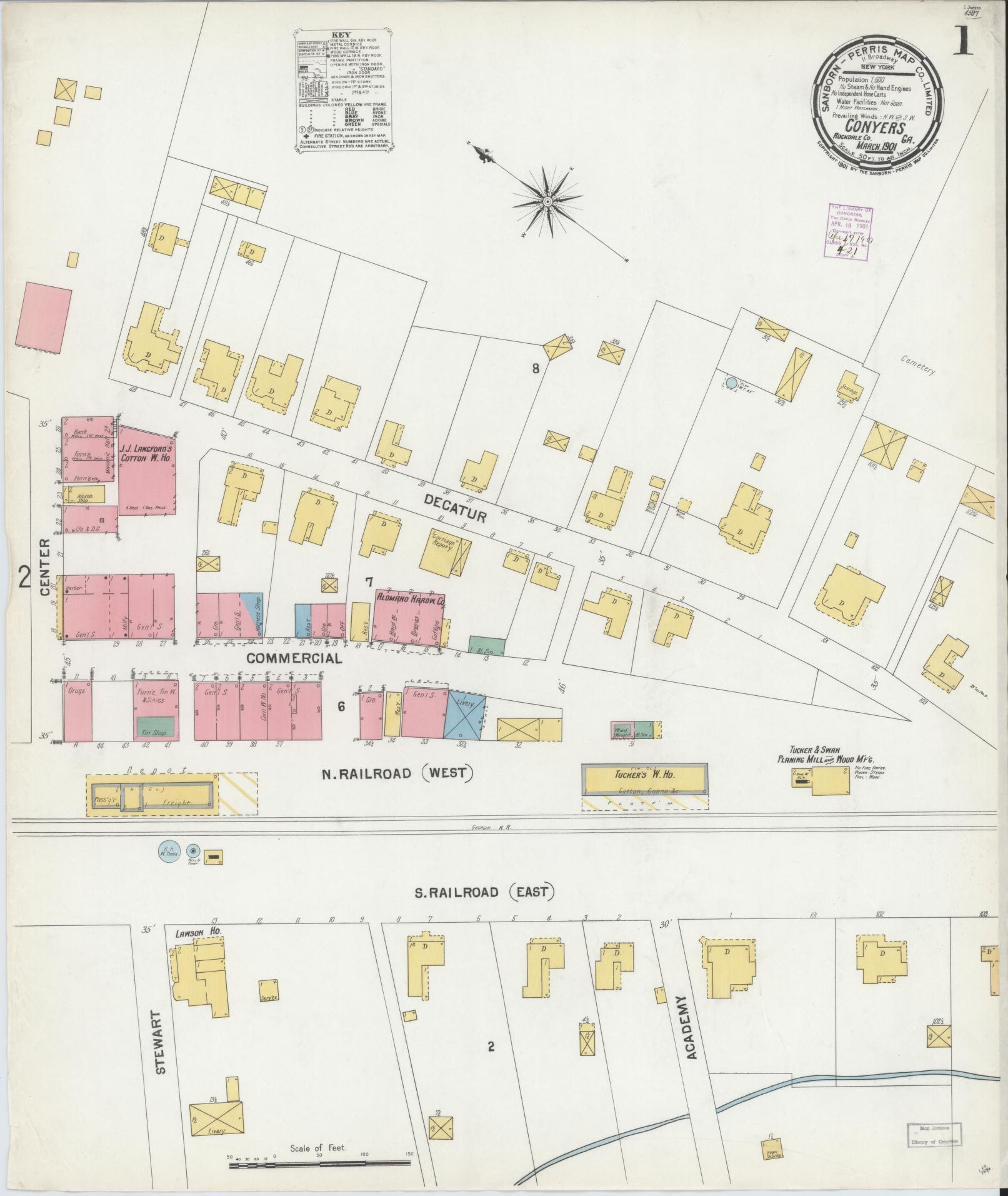Sanborn Fire Insurance Map from Conyers, Rockdale County, Georgia (1901), Sheet #0001 - Historic Sanborn Fire Insurance Map Print, vintage old map wall art, antique decor, genealogy gift, Georgia Georgia map