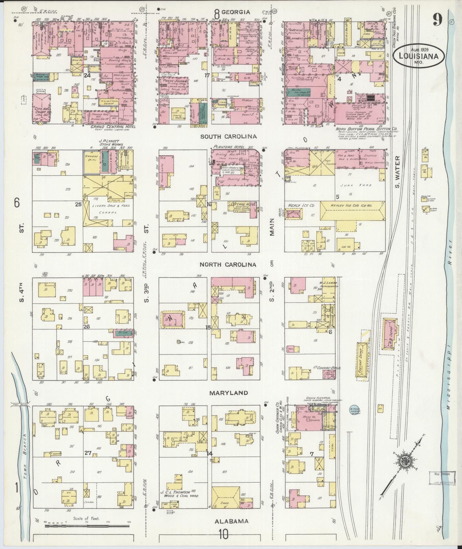 Sanborn Fire Insurance Map from Louisiana, Pike County, Missouri (1909), Sheet #0009 - Complete Map Set gallery image, historic Sanborn map, vintage wall art, Missouri Missouri
