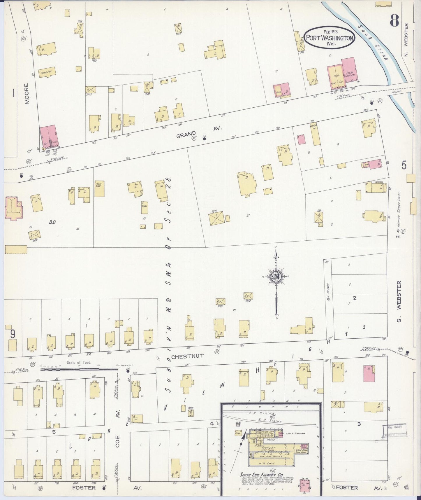 Sanborn Fire Insurance Map from Port Washington, Ozaukee County, Wisconsin (1913), Sheet #0008 - Historic Sanborn Fire Insurance Map Print, vintage old map wall art, antique decor, genealogy gift, Wisconsin Wisconsin map