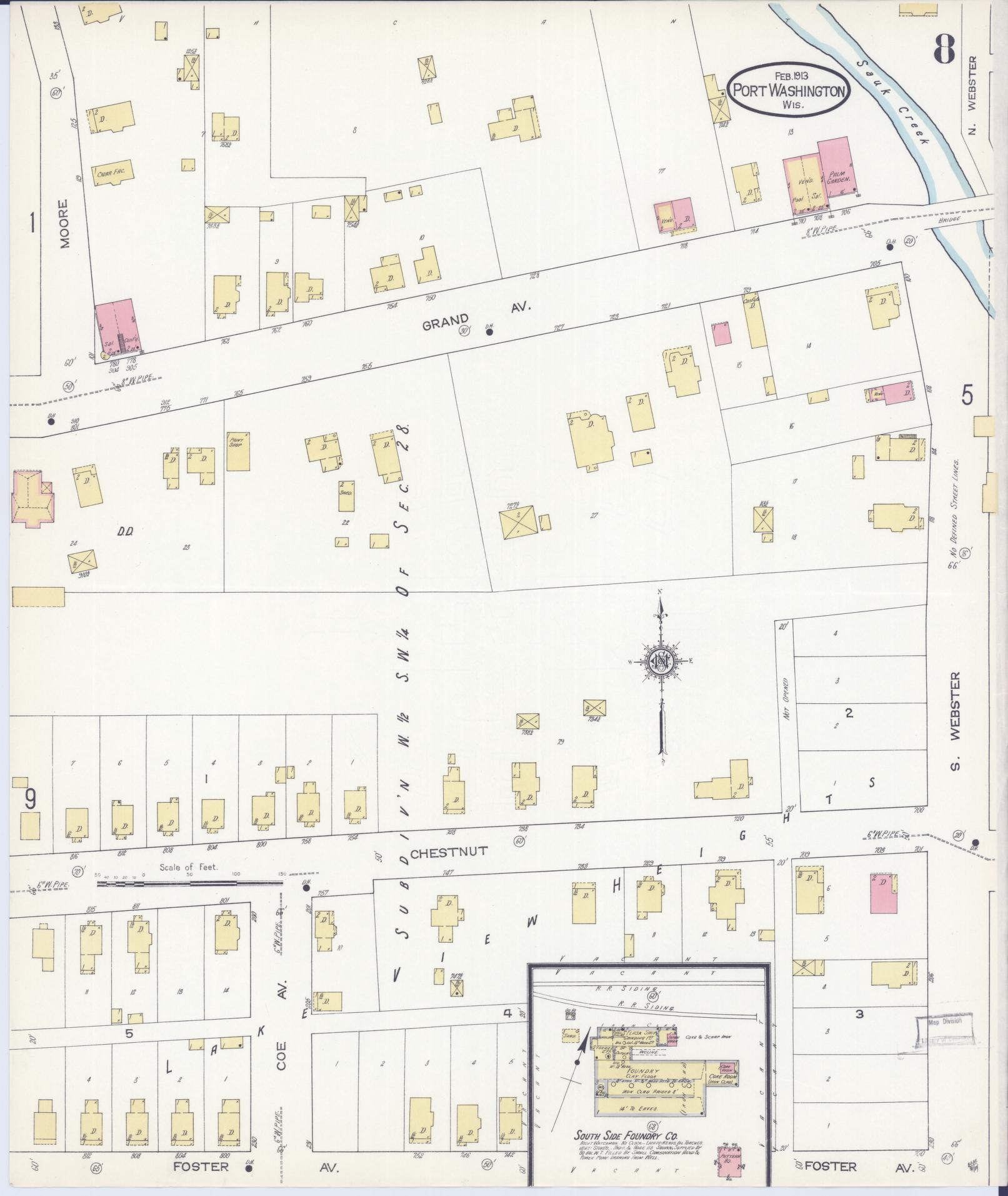 Sanborn Fire Insurance Map from Port Washington, Ozaukee County, Wisconsin (1913), Sheet #0008 - Historic Sanborn Fire Insurance Map Print, vintage old map wall art, antique decor, genealogy gift, Wisconsin Wisconsin map