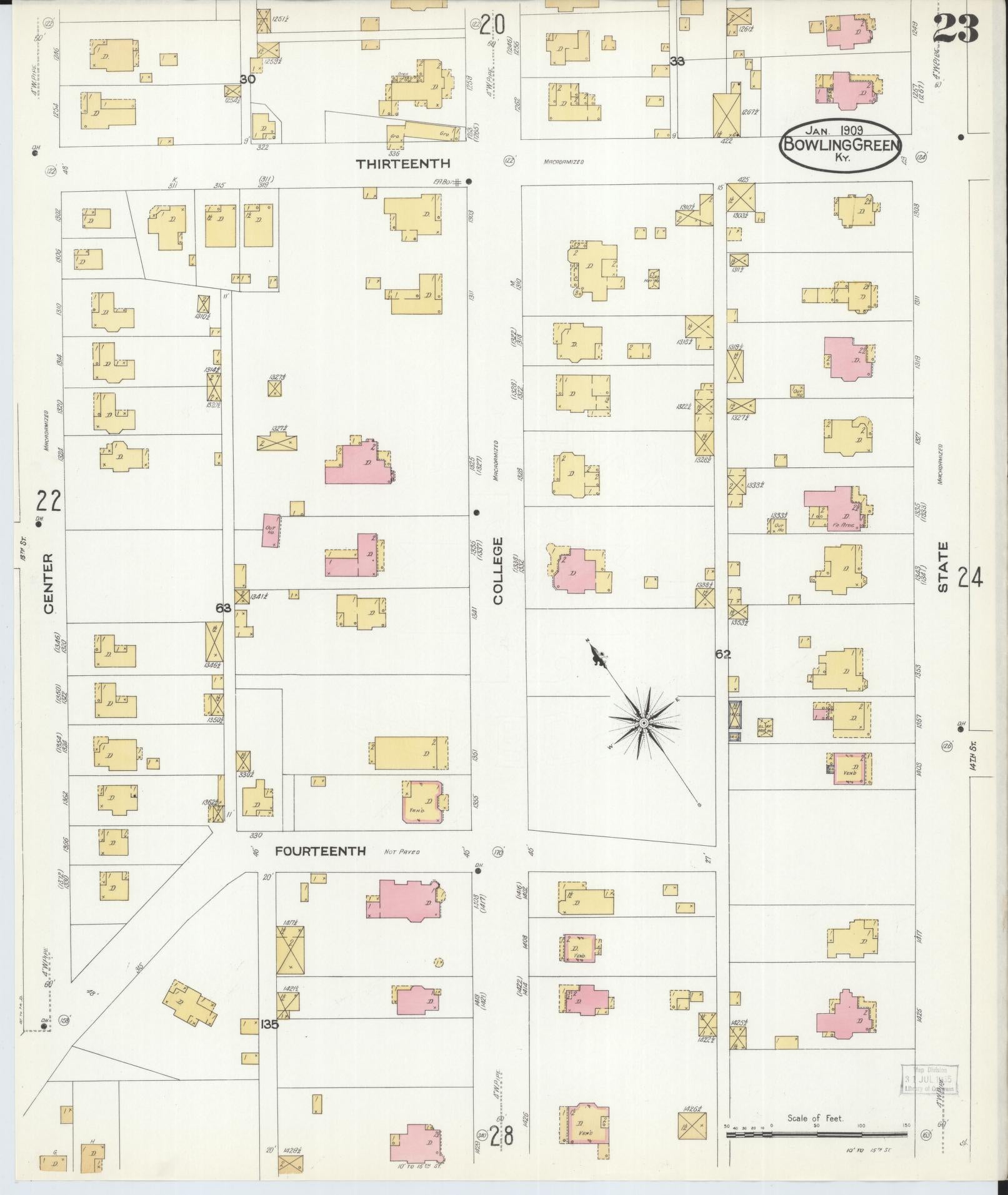 Sanborn Fire Insurance Map from Bowling Green, Warren County, Kentucky (1909), Sheet #0023 - Complete Map Set gallery image, historic Sanborn map, vintage wall art, Kentucky Kentucky