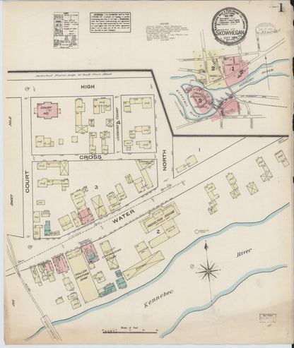 Sanborn Fire Insurance Map from Skowhegan, Somerset County, Maine (1884), Sheet #0001 - Complete Map Set gallery image, historic Sanborn map, vintage wall art, Maine Maine