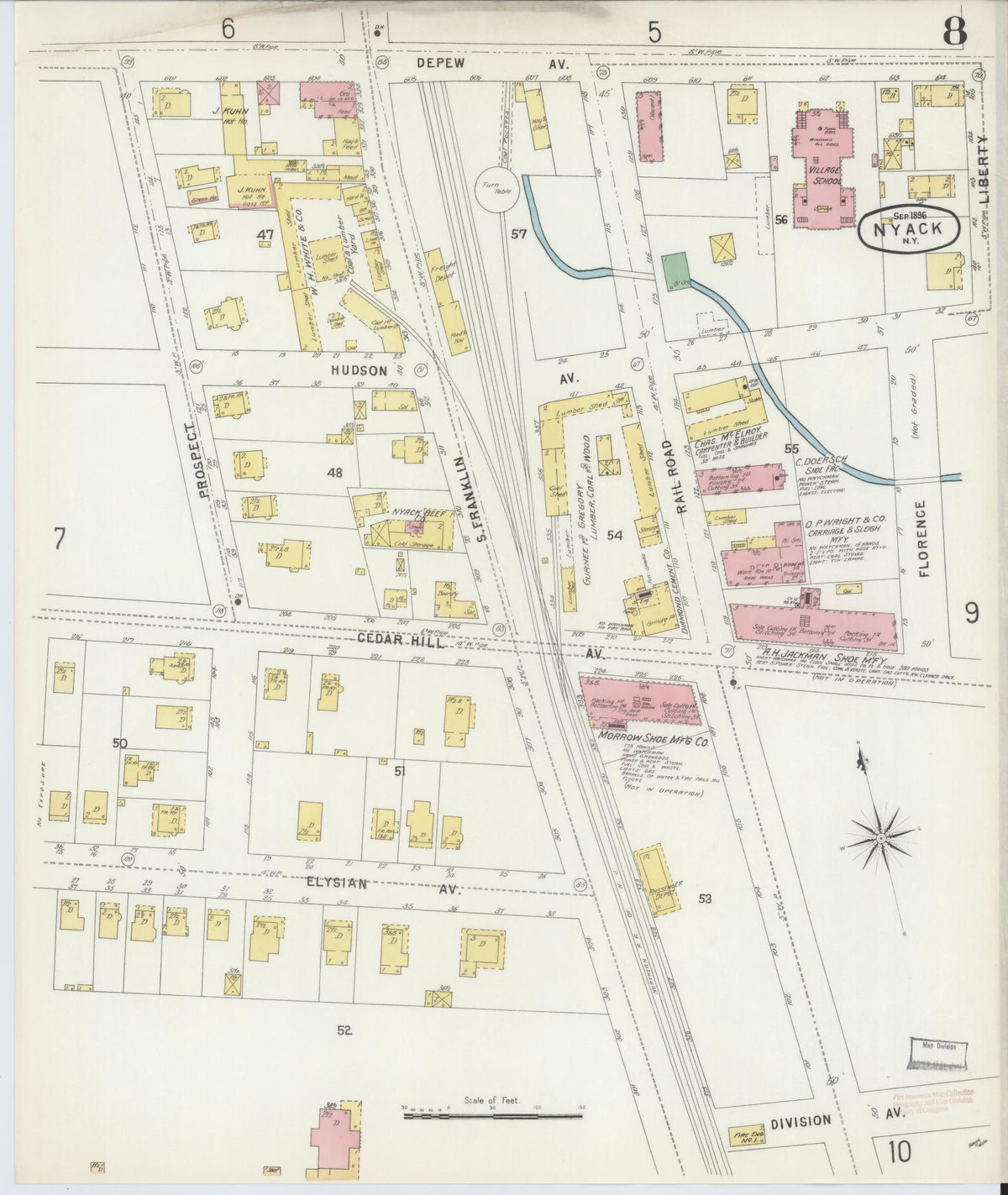 Sanborn Fire Insurance Map from Nyack, Rockland County, New York (1896), Sheet #0008 - Historic Sanborn Fire Insurance Map Print, vintage old map wall art, antique decor, genealogy gift, New York New York map