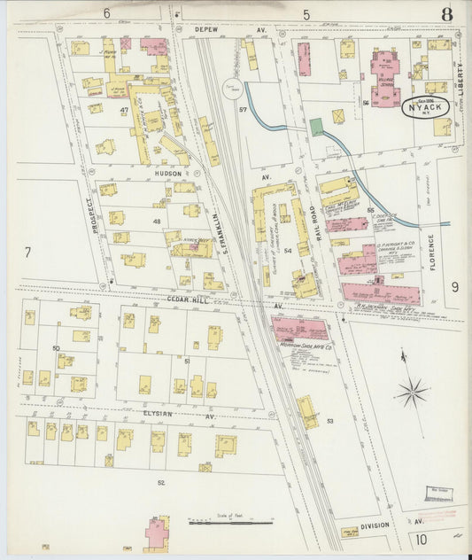 Sanborn Fire Insurance Map from Nyack, Rockland County, New York (1896), Sheet #0008 - Historic Sanborn Fire Insurance Map Print, vintage old map wall art, antique decor, genealogy gift, New York New York map