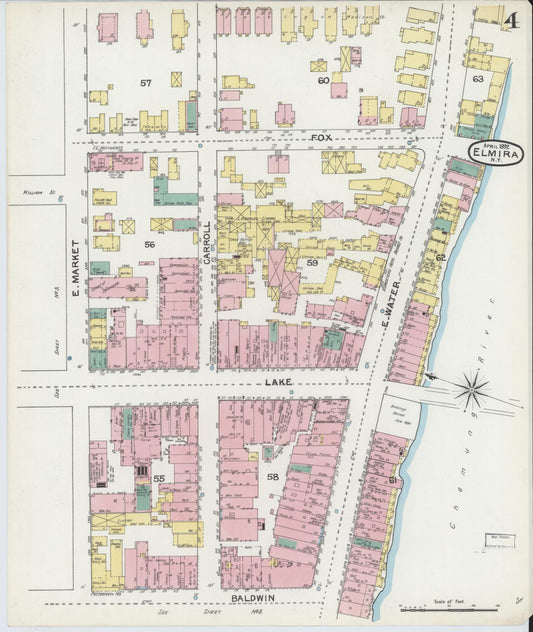Sanborn Fire Insurance Map from Elmira, Chemung County, New York (1892), Sheet #0004 - Historic Sanborn Fire Insurance Map Print, vintage old map wall art, antique decor, genealogy gift, New York New York map