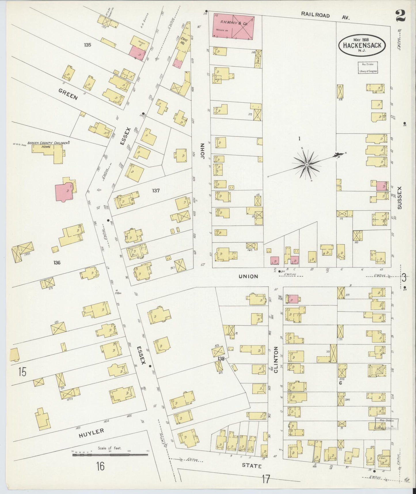 Sanborn Fire Insurance Map from Hackensack, Bergen County, New Jersey (1908), Sheet #0002 - Historic Sanborn Fire Insurance Map Print, vintage old map wall art, antique decor, genealogy gift, New Jersey New Jersey map