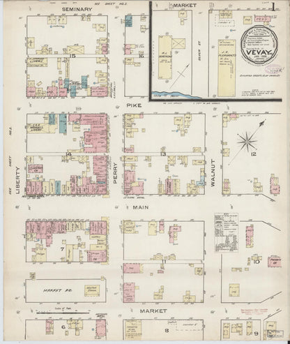 Sanborn Fire Insurance Map from Vevay, Switzerland County, Indiana (1886), Sheet #0001 - Historic Sanborn Fire Insurance Map Print, vintage old map wall art, antique decor, genealogy gift, Indiana Indiana map