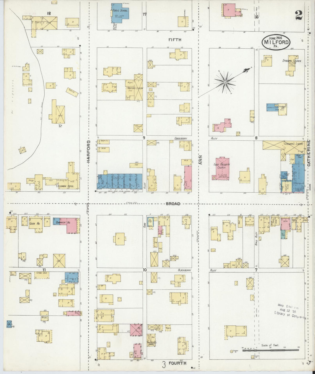 Sanborn Fire Insurance Map from Milford, Pike County, Pennsylvania (1905), Sheet #0002 - Historic Sanborn Fire Insurance Map Print, vintage old map wall art, antique decor, genealogy gift, Pennsylvania Pennsylvania map