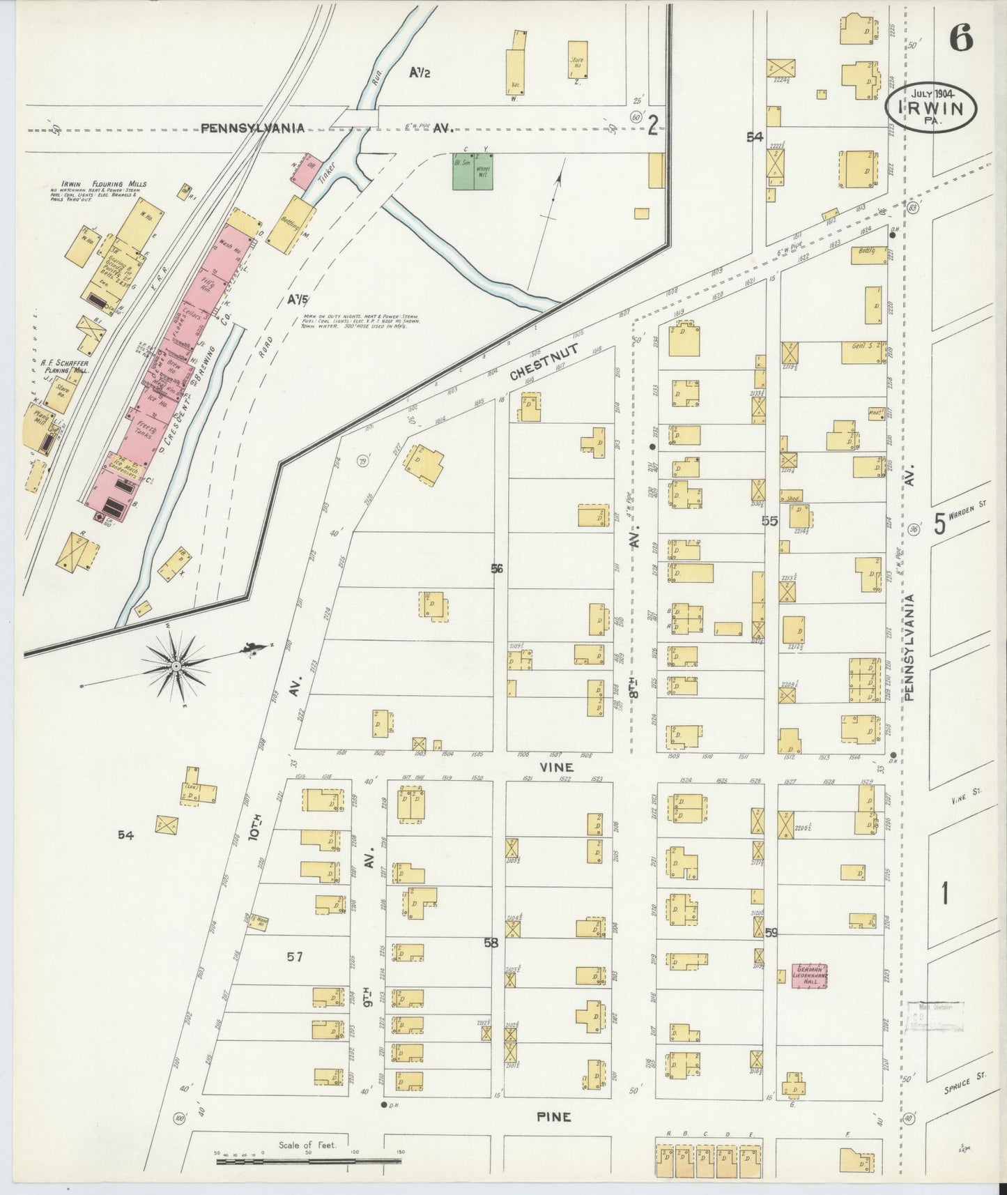 Sanborn Fire Insurance Map from Irwin, Westmoreland County, Pennsylvania (1904), Sheet #0006 - Historic Sanborn Fire Insurance Map Print, vintage old map wall art, antique decor, genealogy gift, Pennsylvania Pennsylvania map