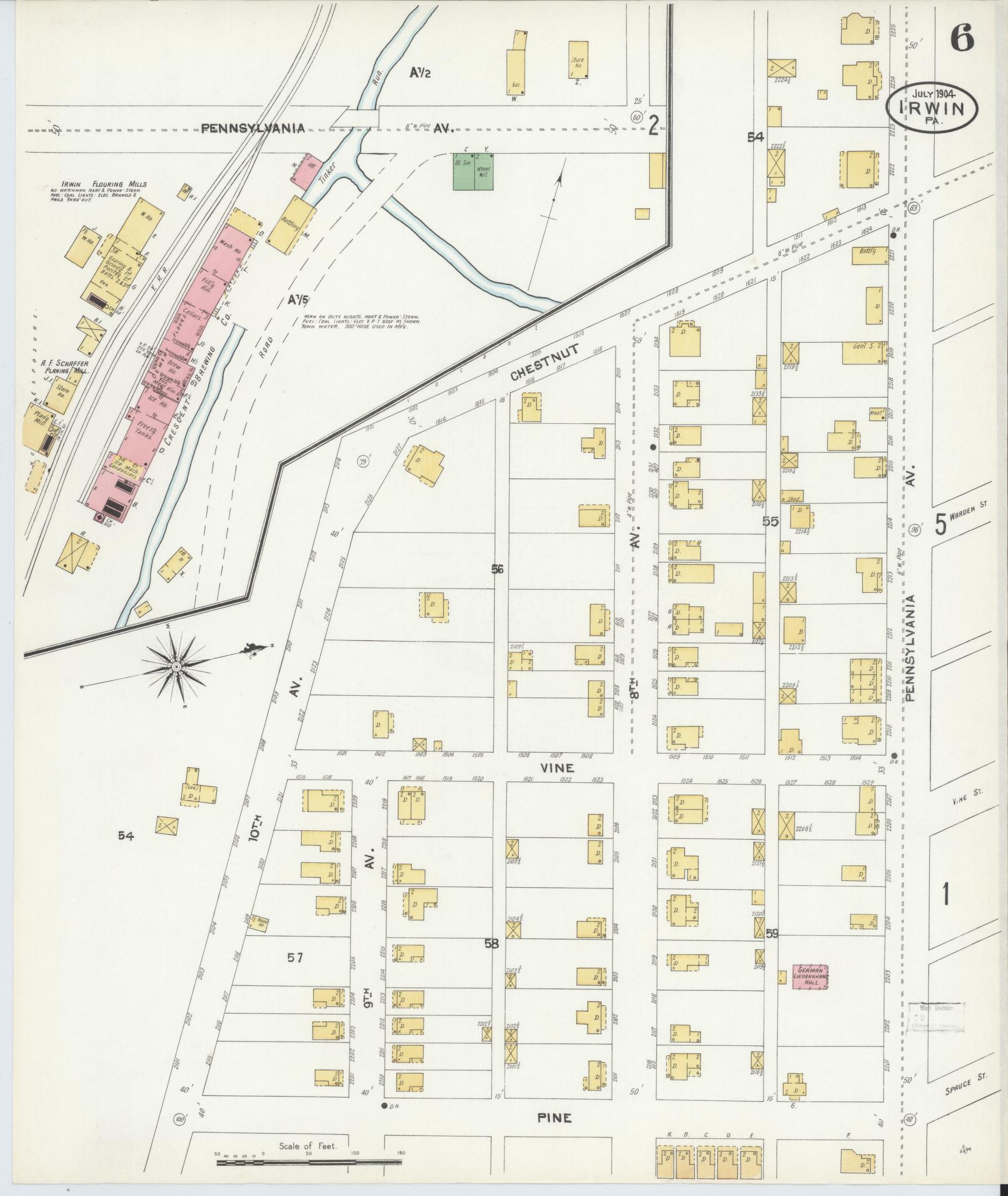Sanborn Fire Insurance Map from Irwin, Westmoreland County, Pennsylvania (1904), Sheet #0006 - Historic Sanborn Fire Insurance Map Print, vintage old map wall art, antique decor, genealogy gift, Pennsylvania Pennsylvania map