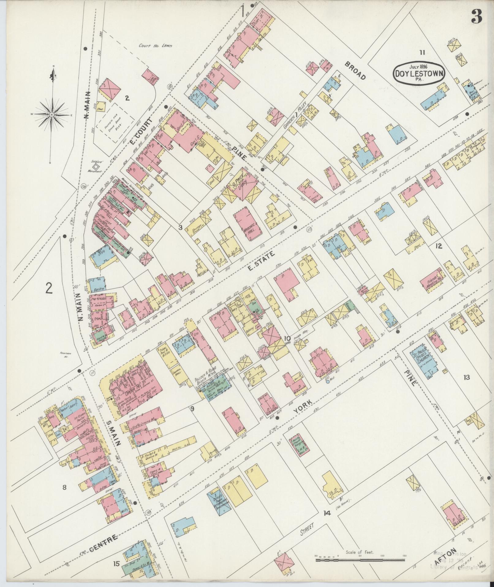 Sanborn Fire Insurance Map from Doylestown, Bucks County, Pennsylvania (1896), Sheet #0003 - Historic Sanborn Fire Insurance Map Print, vintage old map wall art, antique decor, genealogy gift, Pennsylvania Pennsylvania map