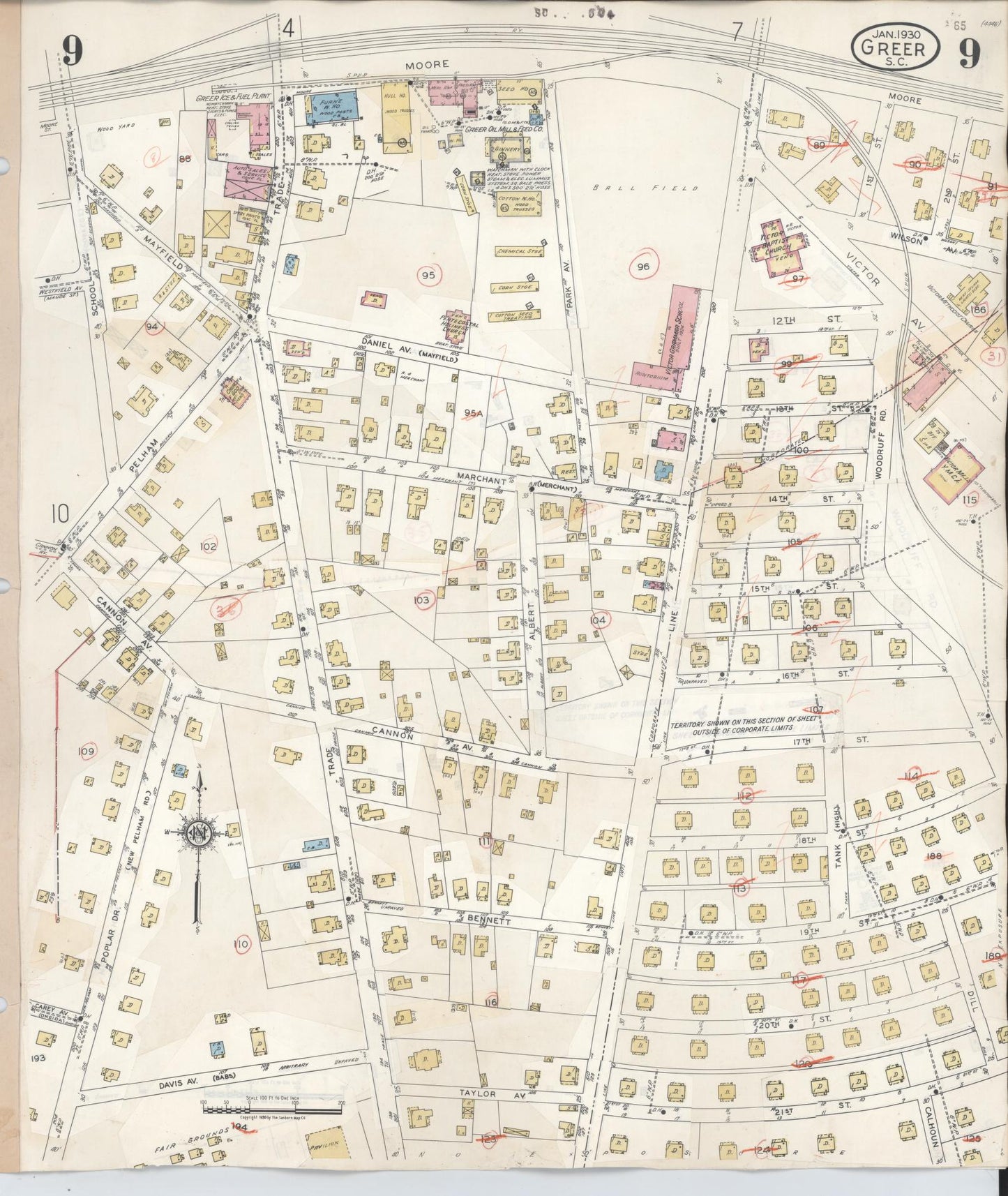 Sanborn Fire Insurance Map from Greer, Greenville and Spartanburg Counties, South Carolina (1951), Sheet #0009 - Complete Map Set gallery image, historic Sanborn map, vintage wall art, South Carolina South Carolina