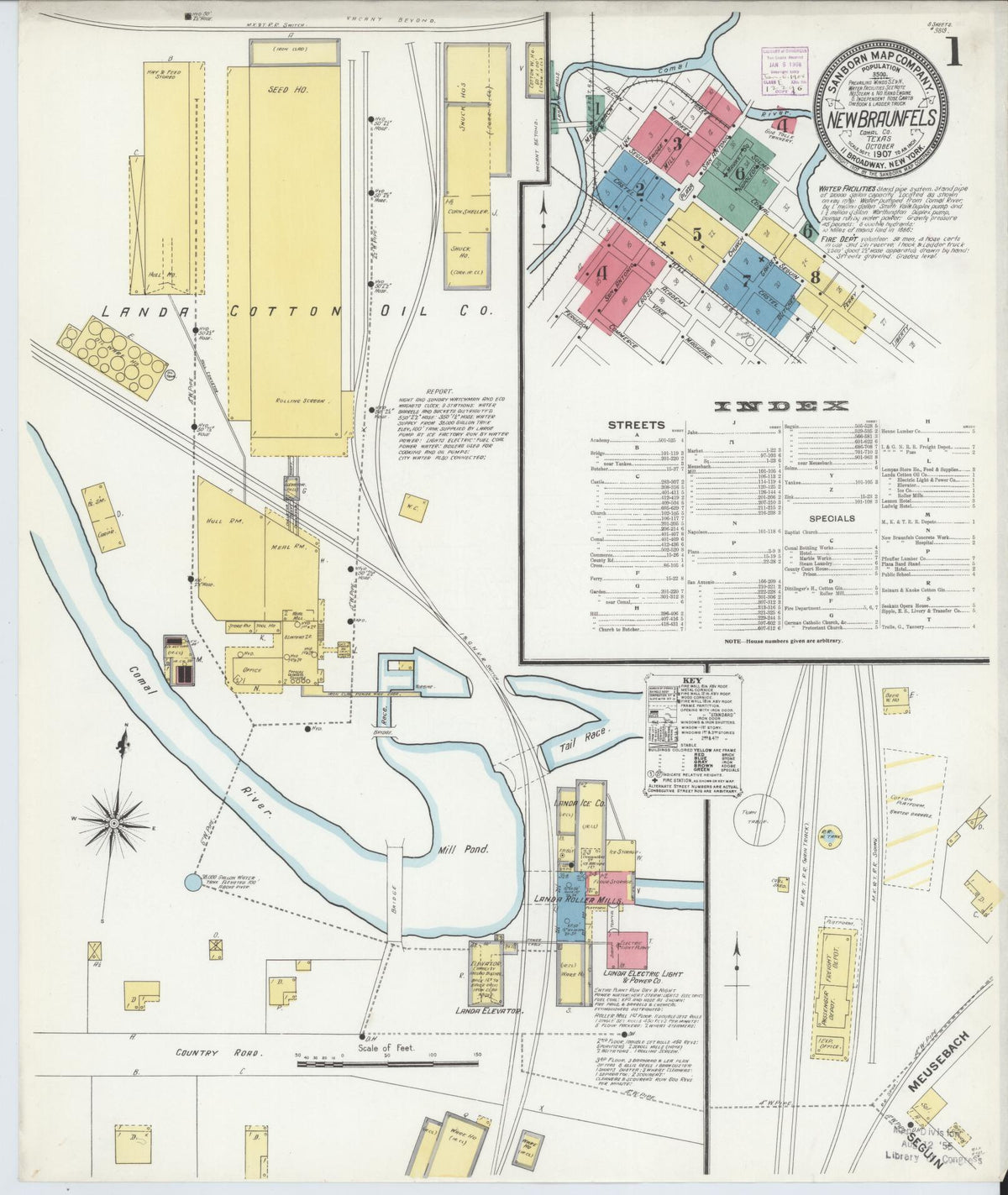 Sanborn Fire Insurance Map from New Braunfels, Comal County, Texas (1907), Sheet #0001 - Historic Sanborn Fire Insurance Map Print, vintage old map wall art, antique decor, genealogy gift, Texas Texas map