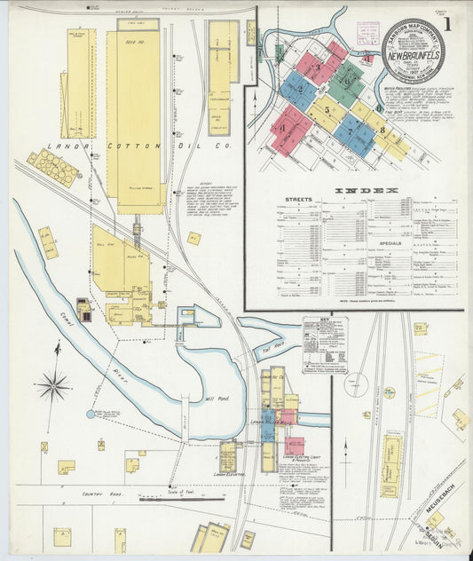 Sanborn Fire Insurance Map from New Braunfels, Comal County, Texas (1907), Sheet #0001 - Historic Sanborn Fire Insurance Map Print, vintage old map wall art, antique decor, genealogy gift, Texas Texas map