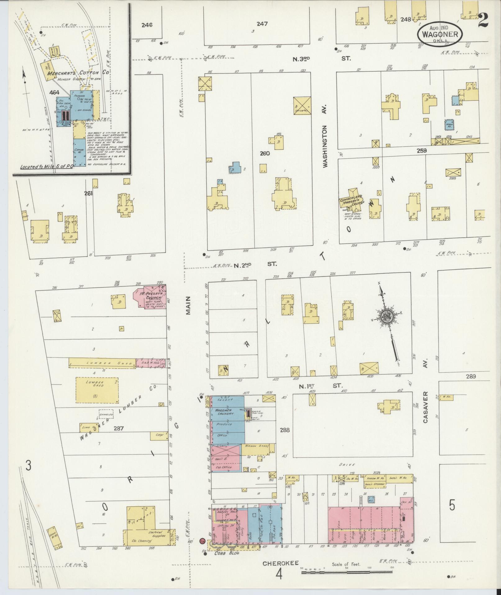 Sanborn Fire Insurance Map from Wagoner, Wagoner County, Oklahoma (1910), Sheet #0002 - Complete Map Set gallery image, historic Sanborn map, vintage wall art, Oklahoma Oklahoma