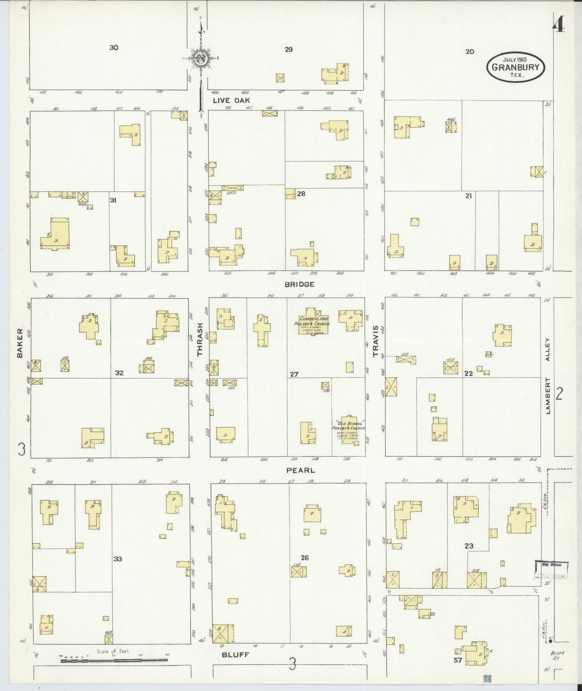 Sanborn Fire Insurance Map from Granbury, Hood County, Texas (1910), Sheet #0004 - Historic Sanborn Fire Insurance Map Print, vintage old map wall art, antique decor, genealogy gift, Texas Texas map