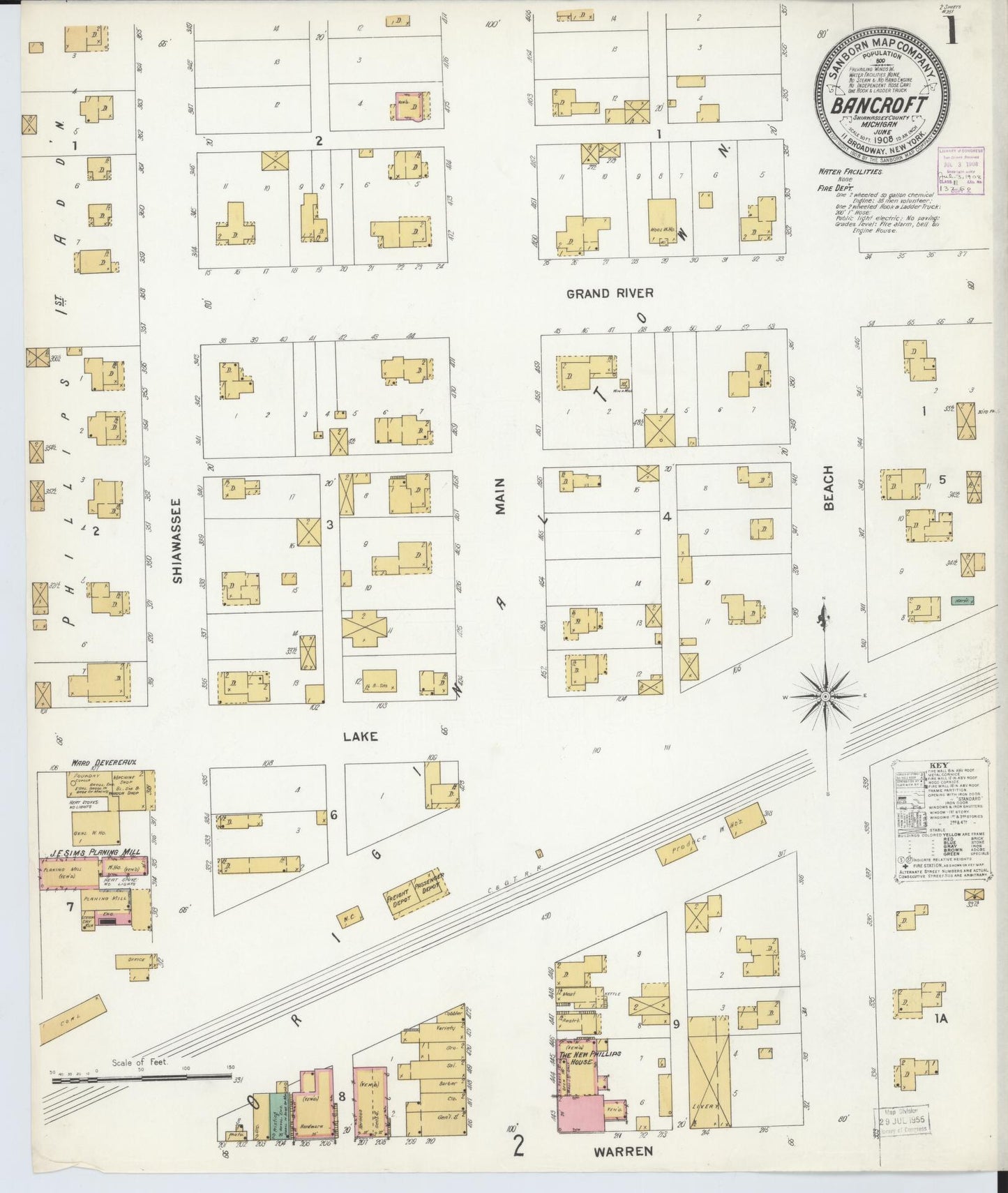 Sanborn Fire Insurance Map from Bancroft, Shiawassee County, Michigan (1908), Sheet #0001 - Historic Sanborn Fire Insurance Map Print, vintage old map wall art, antique decor, genealogy gift, Michigan Michigan map