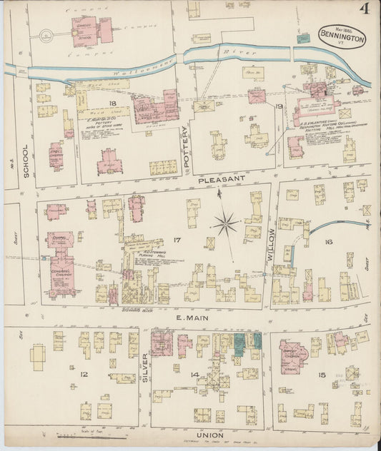 Sanborn Fire Insurance Map from Bennington, Bennington County, Vermont (1885), Sheet #0004 - Historic Sanborn Fire Insurance Map Print, vintage old map wall art, antique decor, genealogy gift, Vermont Vermont map