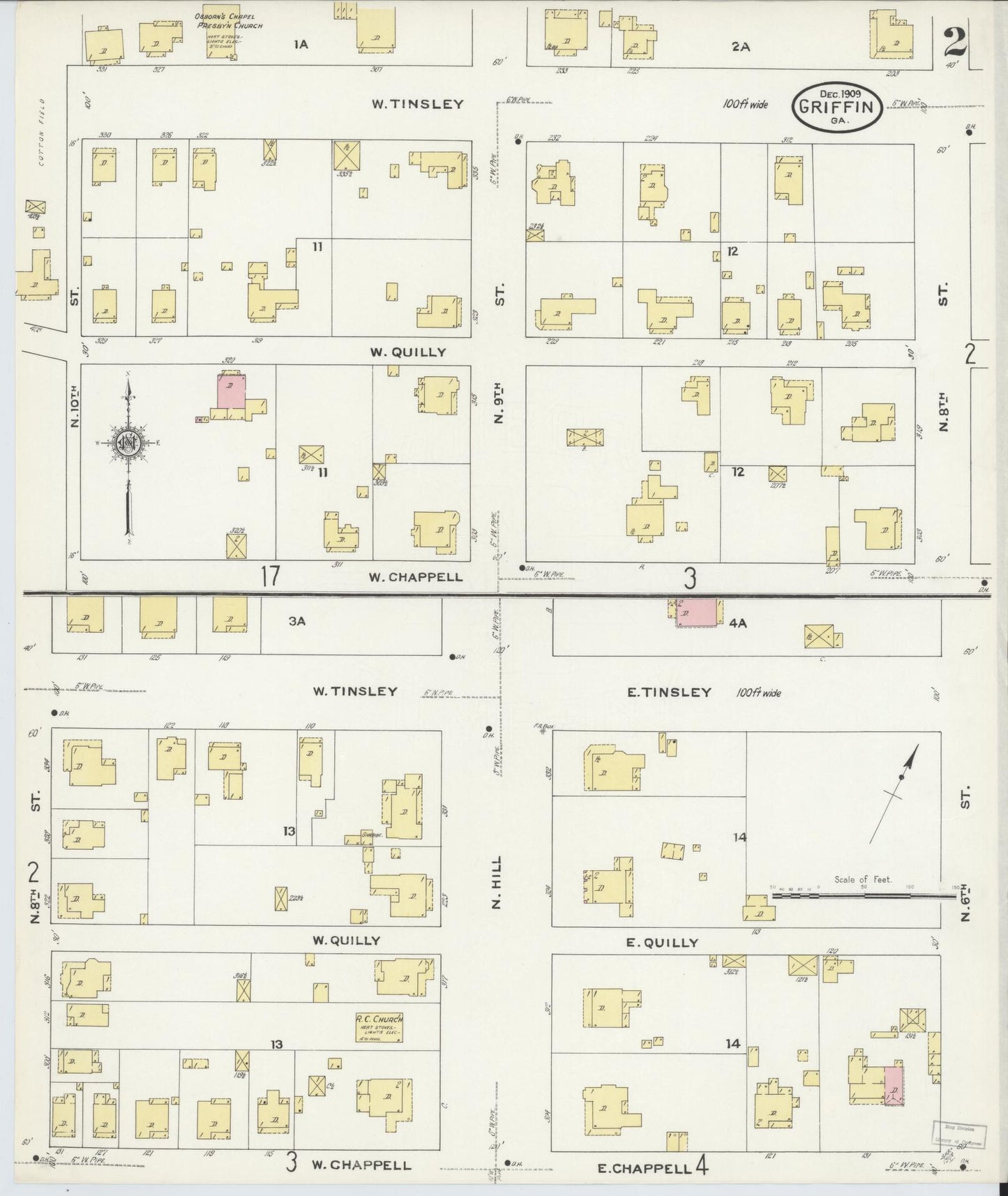 Sanborn Fire Insurance Map from Griffin, Spalding County, Georgia (1909), Sheet #0002 - Historic Sanborn Fire Insurance Map Print, vintage old map wall art, antique decor, genealogy gift, Georgia Georgia map