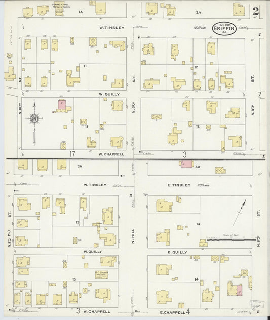Sanborn Fire Insurance Map from Griffin, Spalding County, Georgia (1909), Sheet #0002 - Historic Sanborn Fire Insurance Map Print, vintage old map wall art, antique decor, genealogy gift, Georgia Georgia map