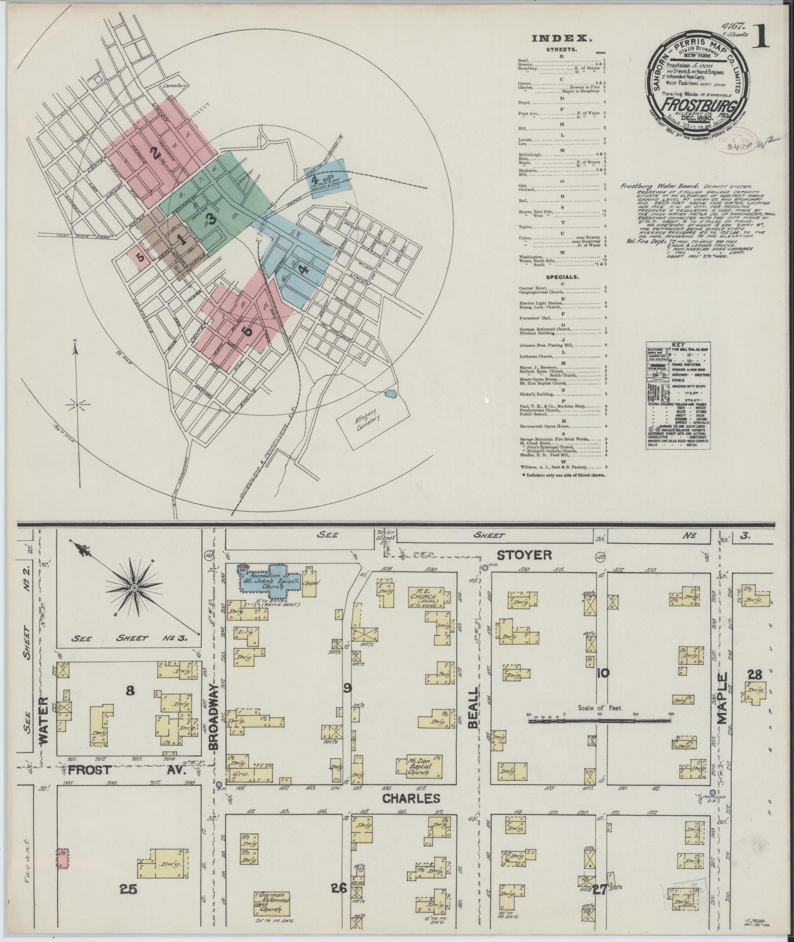 Complete Set - Allegany, Maryland - 1890 - Sanborn Fire Insurance Map (All Sheets) - Complete Set of 5 Sanborn map sheets