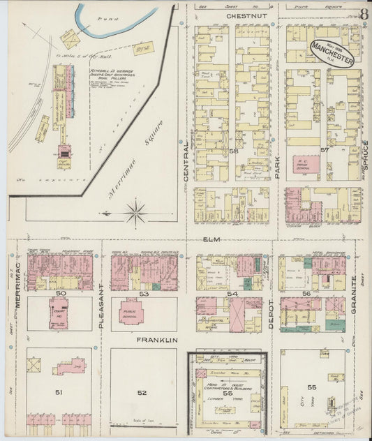 Sanborn Fire Insurance Map from Manchester, Hillsborough County, New Hampshire (1885), Sheet #0008 - Historic Sanborn Fire Insurance Map Print, vintage old map wall art, antique decor, genealogy gift, New Hampshire New Hampshire map