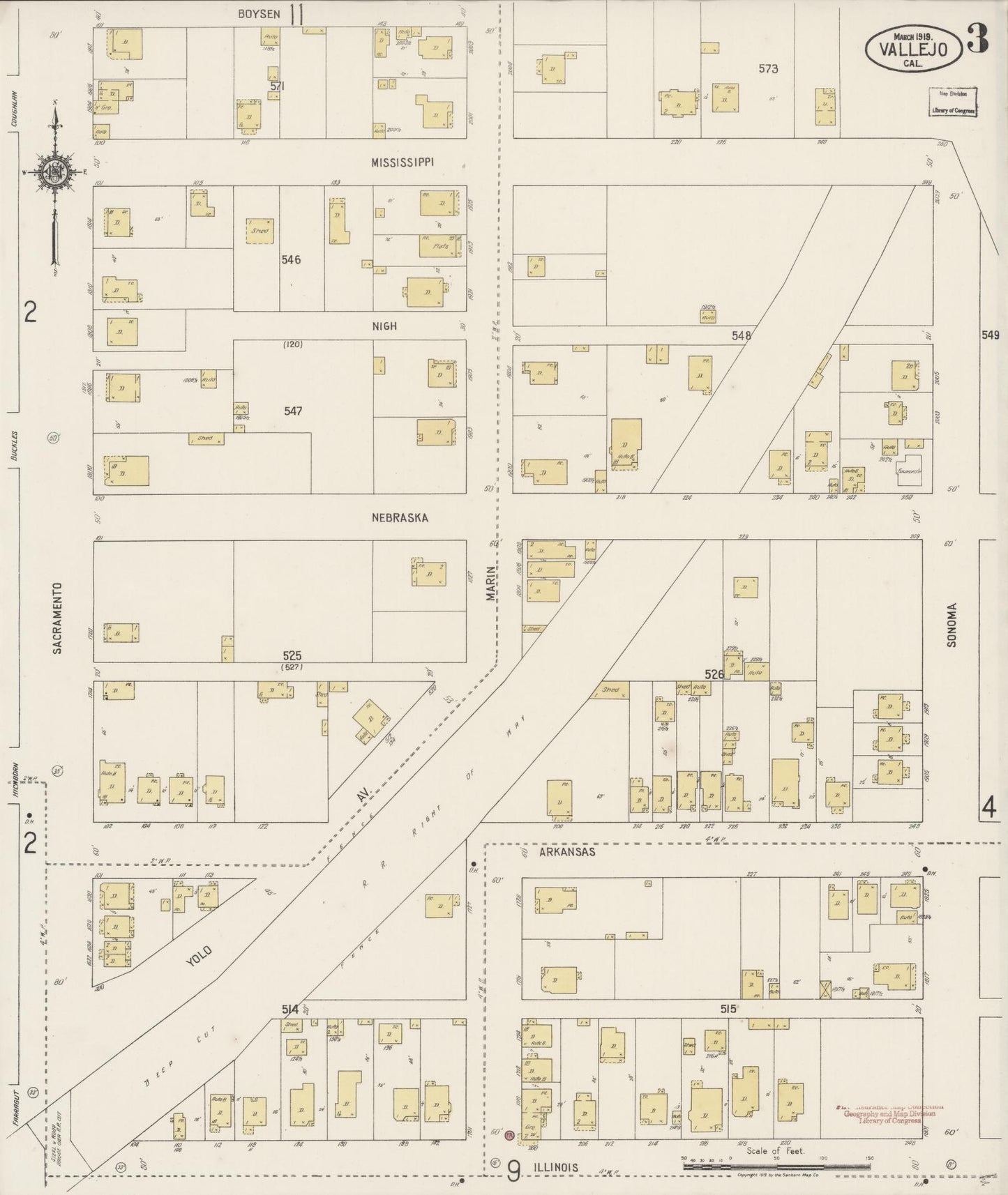 Sanborn Fire Insurance Map from Vallejo, Solano County, California (1919), Sheet #0003 - Complete Map Set gallery image, historic Sanborn map, vintage wall art, California California