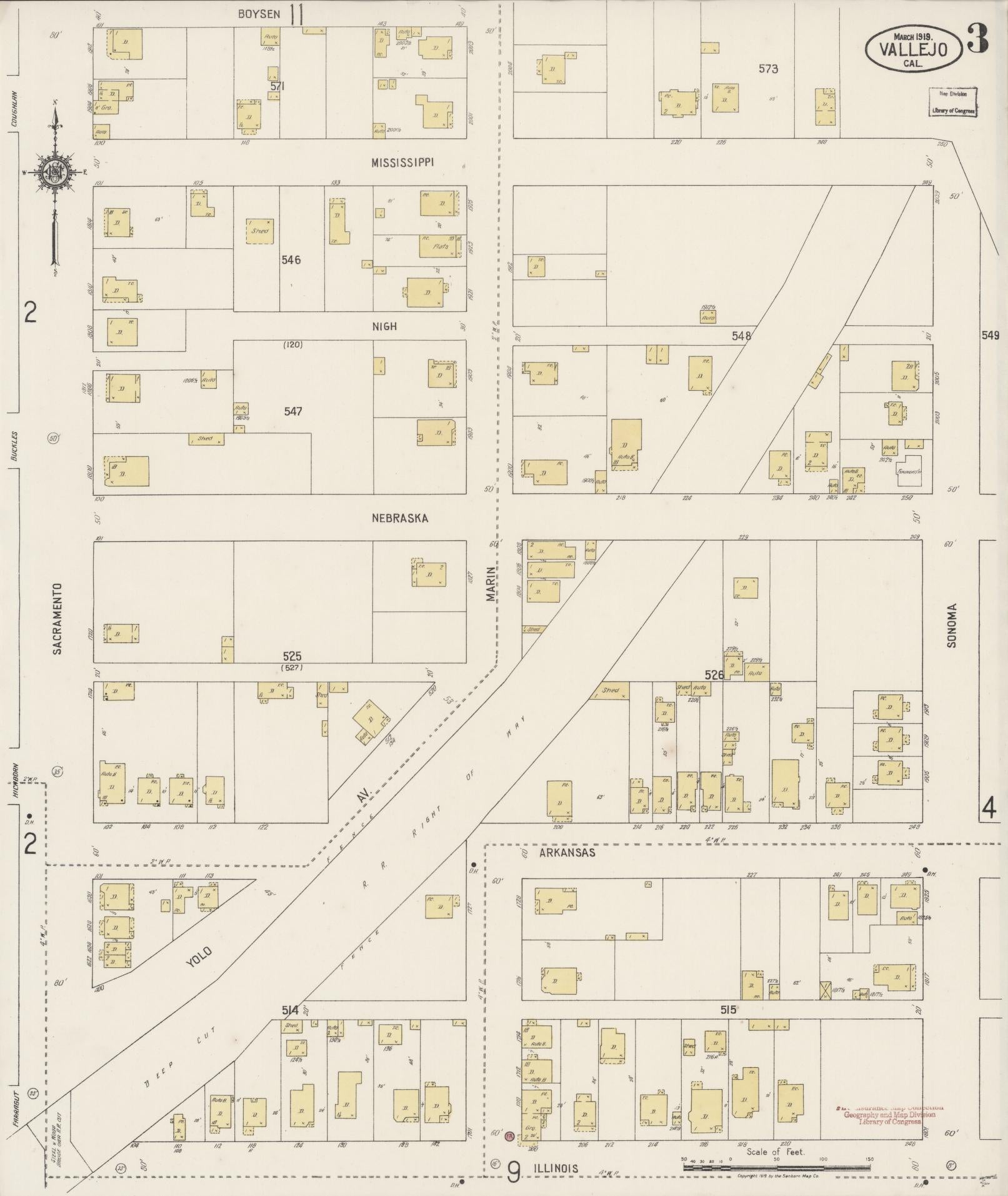 Sanborn Fire Insurance Map from Vallejo, Solano County, California (1919), Sheet #0003 - Complete Map Set gallery image, historic Sanborn map, vintage wall art, California California