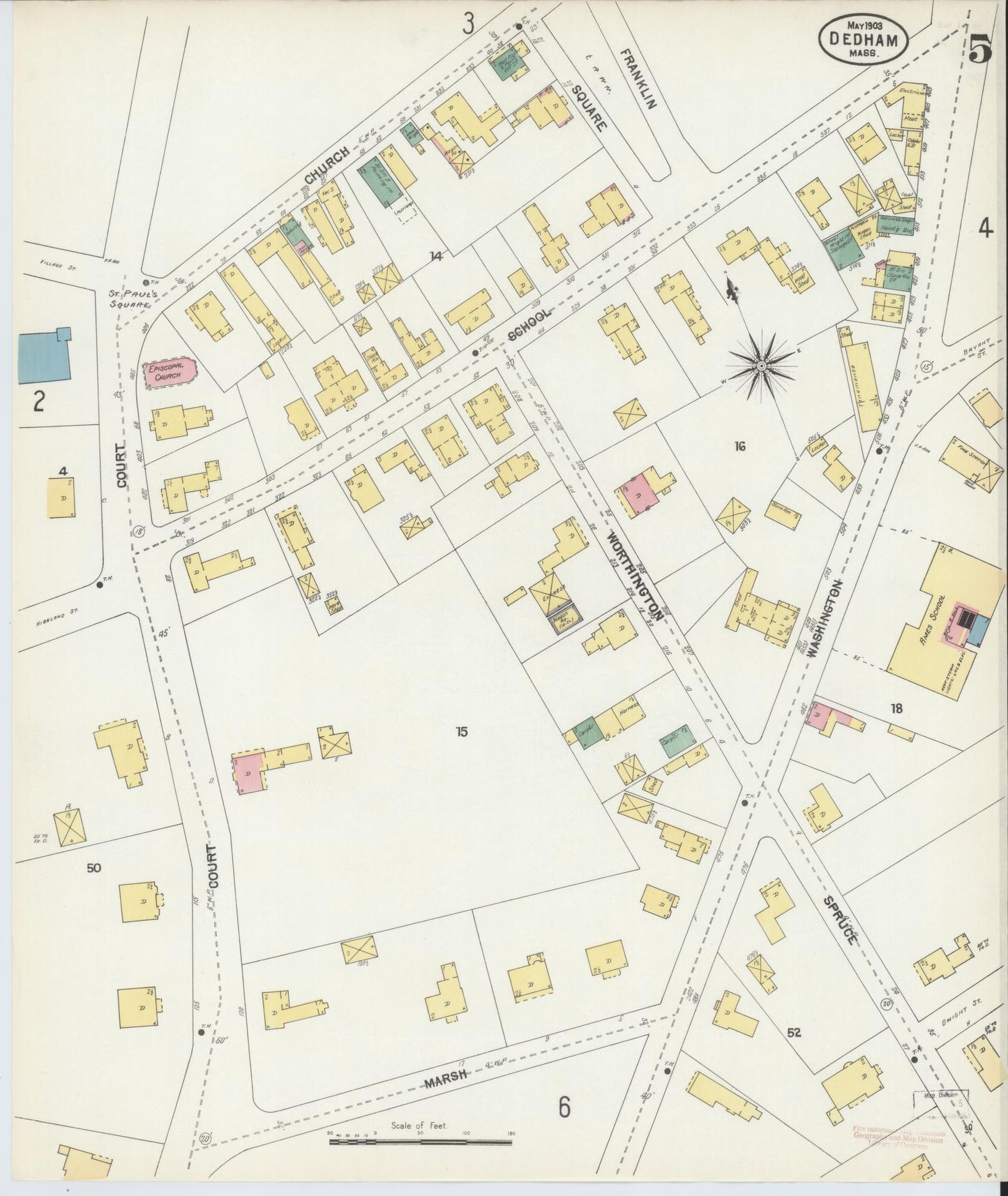 Sanborn Fire Insurance Map from Dedham, Norfolk County, Massachusetts (1903), Sheet #0005 - Complete Map Set gallery image, historic Sanborn map, vintage wall art, Massachusetts Massachusetts