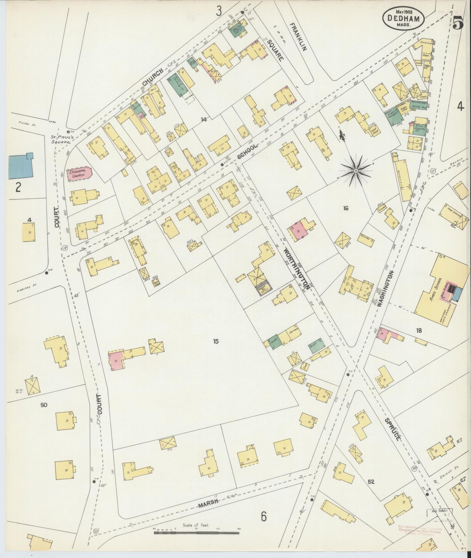Sanborn Fire Insurance Map from Dedham, Norfolk County, Massachusetts (1903), Sheet #0005 - Complete Map Set gallery image, historic Sanborn map, vintage wall art, Massachusetts Massachusetts